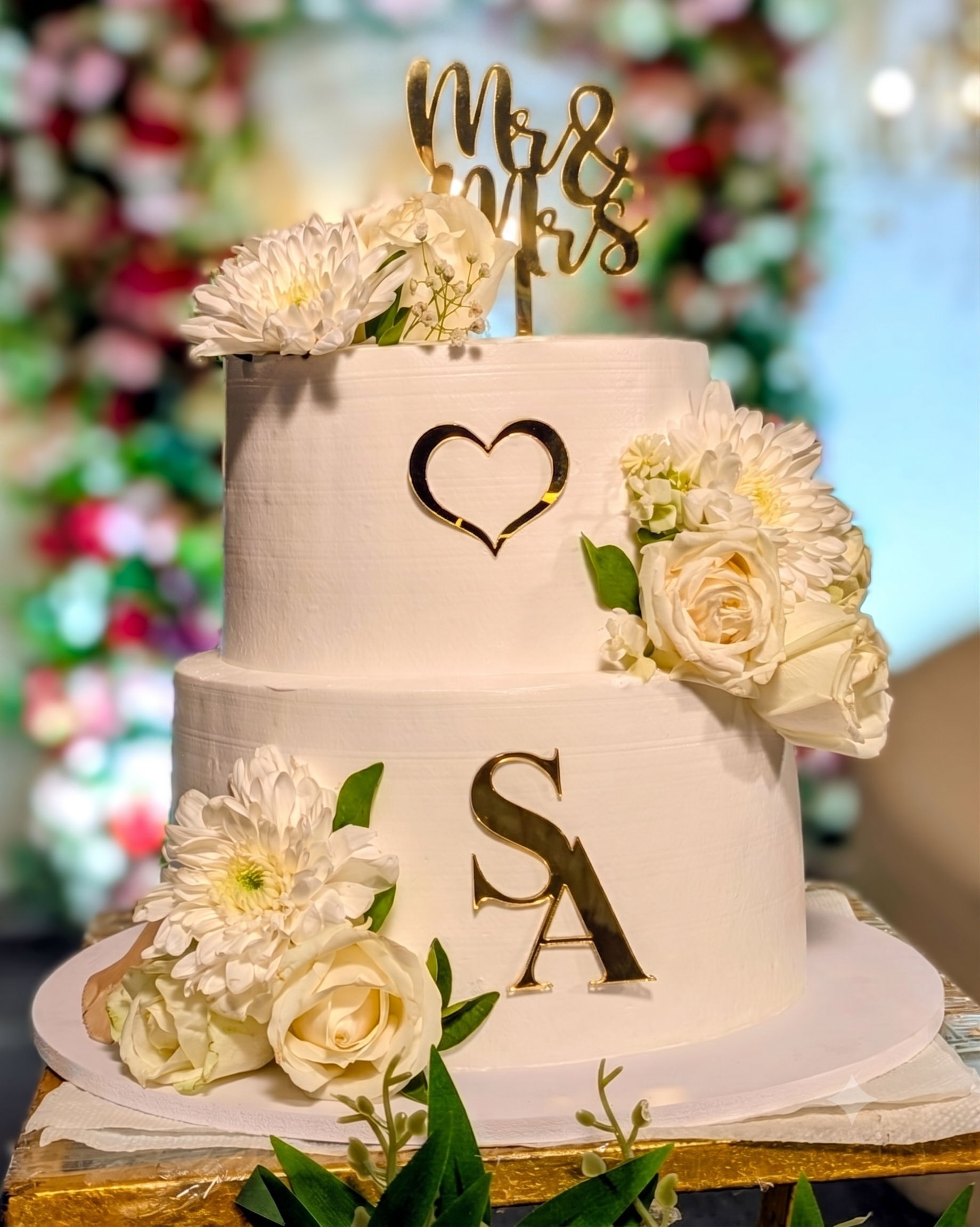 A cake on a wooden countertop